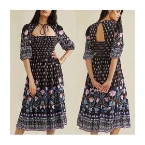 ***Anthropologie Dasha Smocked Black Floral Print Midi Dress